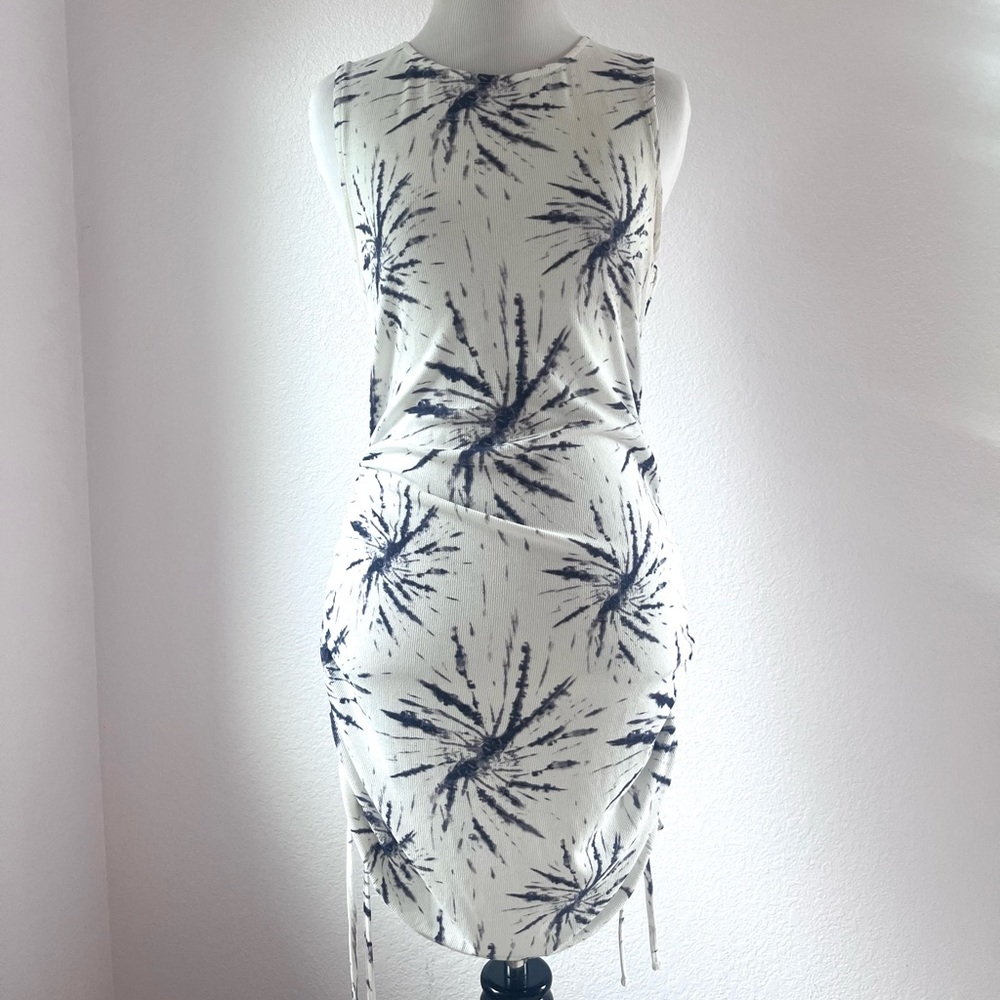 H&M White and Blue Tie-Dye Ruched Mini Dress